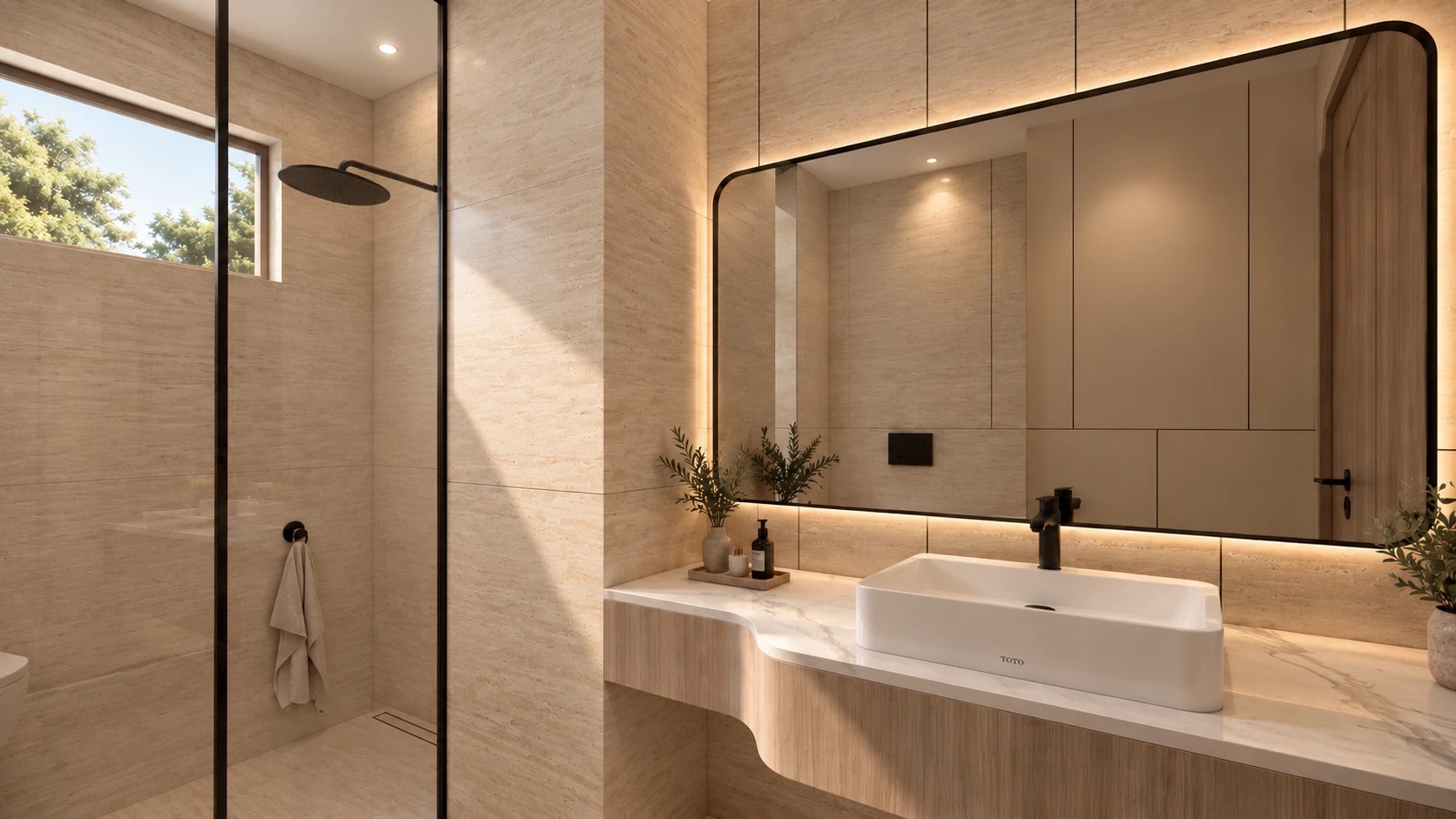 LED mirror & vessel basin