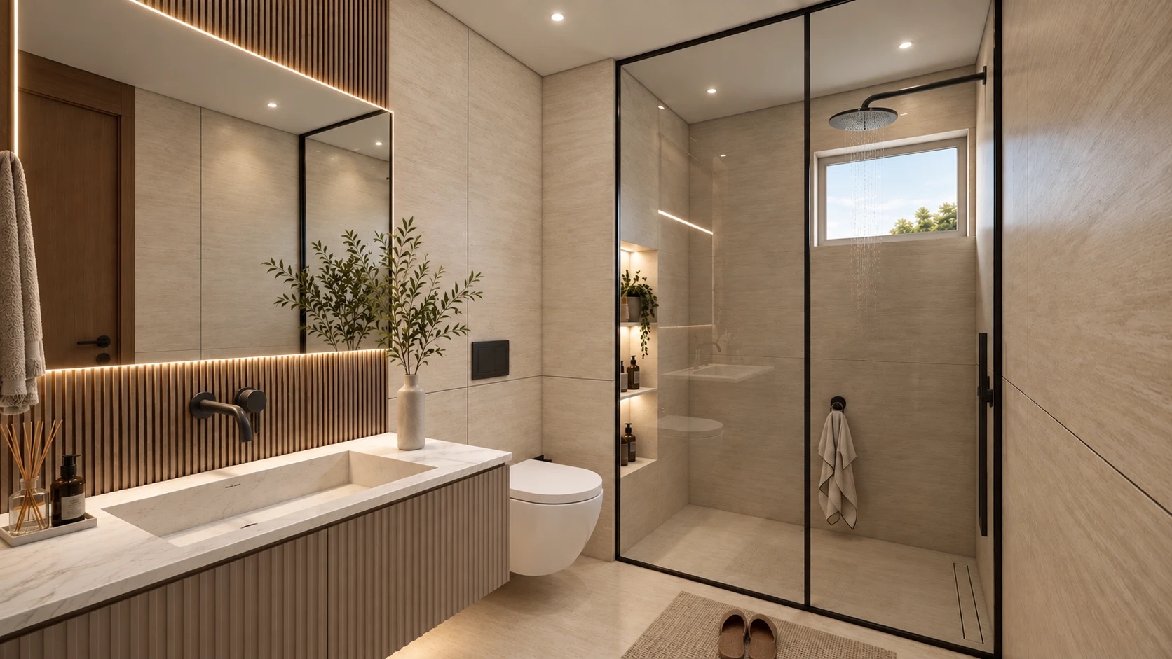 Bathroom — fluted vanity & walk-in shower