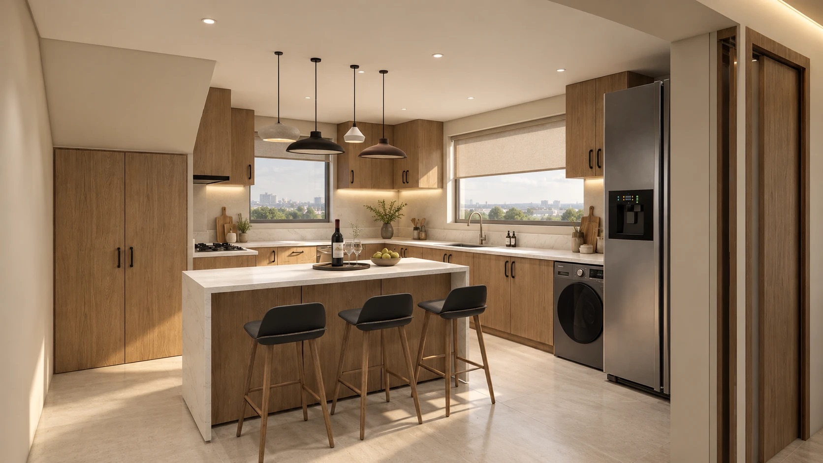 Kitchen — oak cabinetry & waterfall island